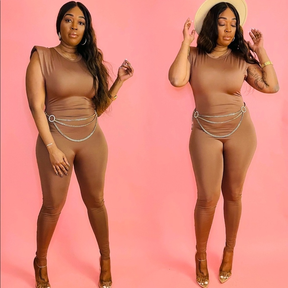 J. ELISE BOUTIQUE FITTED BODYCON COFFEE POWER SHOULDER SLEEVELESS SOLID JUMPSUIT